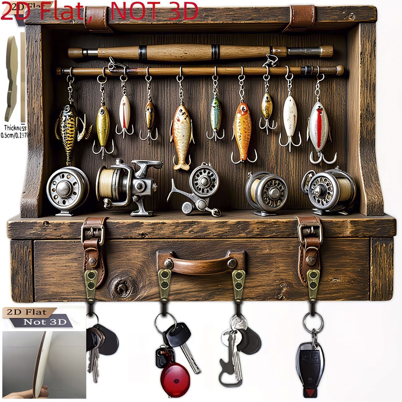 Fishing Rod Combo - Vintage Angelköder-Schlüsselhalter, 2D Flachdruck mit Ruten-